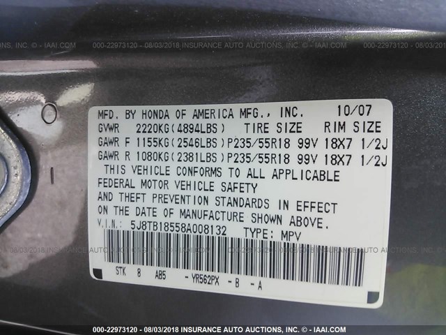 5J8TB18558A008132 - 2008 ACURA RDX TECHNOLOGY GRAY photo 9