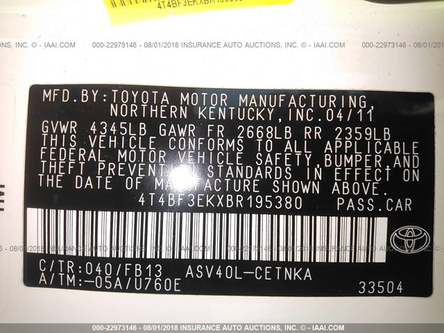 4T4BF3EKXBR195380 - 2011 TOYOTA CAMRY SE/LE/XLE თეთრი ფოტო 9