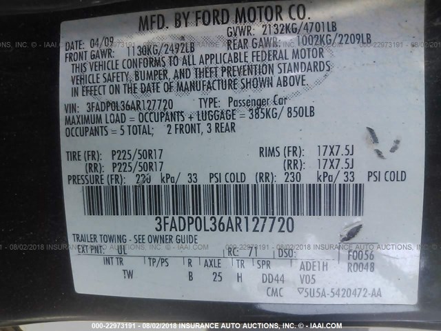 3FADP0L36AR127720 - 2010 FORD FUSION HYBRID BLACK photo 9