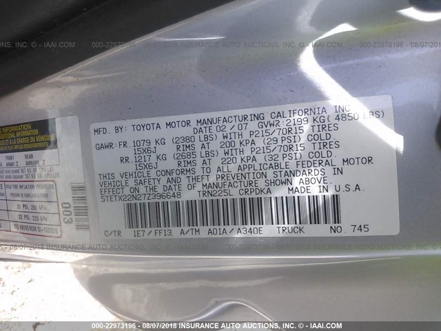 5TETX22N27Z396648 - 2007 TOYOTA TACOMA ACCESS CAB Silber Foto 9