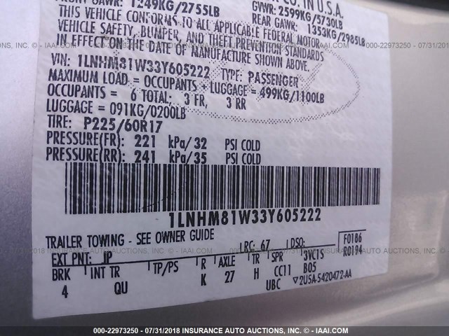 1LNHM81W33Y605222 - 2003 LINCOLN TOWN CAR EXECUTIVE Серебристый фото 9