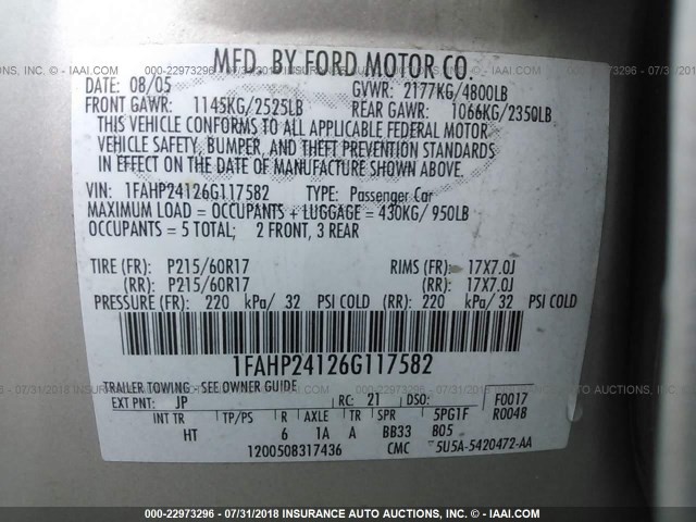 1FAHP24126G117582 - 2006 FORD FIVE HUNDRED SEL SILVER photo 9