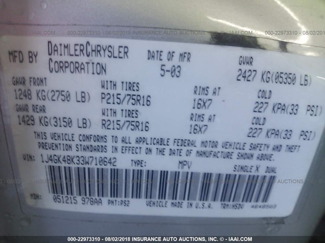 1J4GK48K33W710642 - 2003 JEEP LIBERTY SPORT/FREEDOM ვერცხლისფერი ფოტო 9