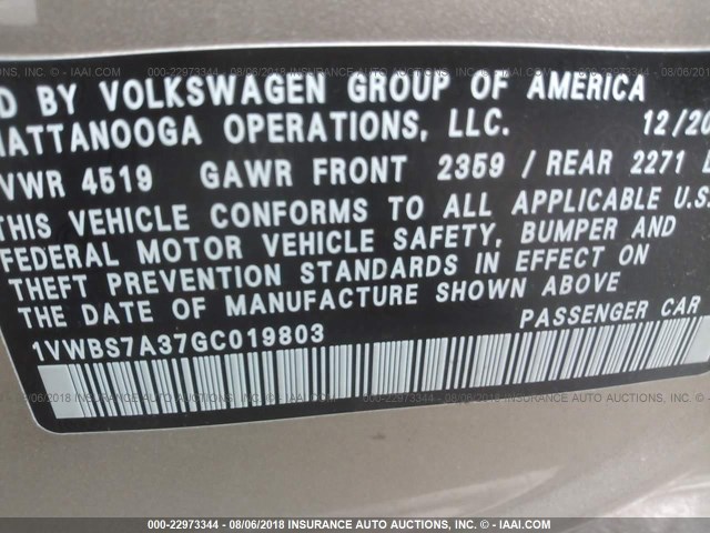 1VWBS7A37GC019803 - 2016 VOLKSWAGEN PASSAT SE GOLD photo 9