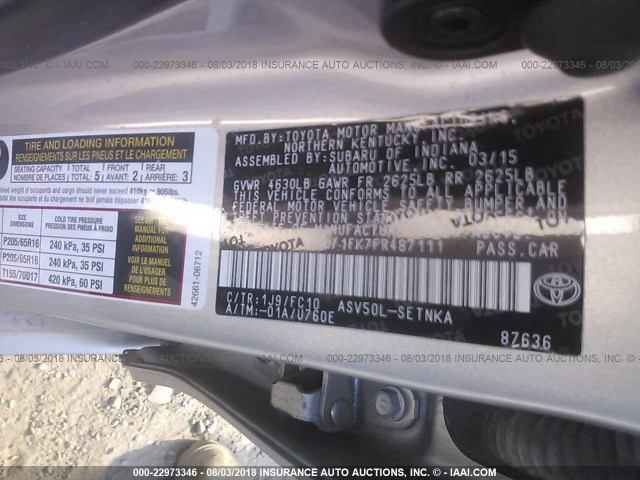 4T4BF1FK7FR487111 - 2015 TOYOTA CAMRY LE/XLE/SE/XSE 银色 照片 9