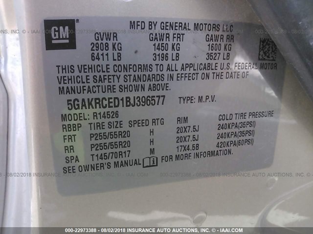 5GAKRCED1BJ396577 - 2011 BUICK ENCLAVE CXL CREAM photo 9