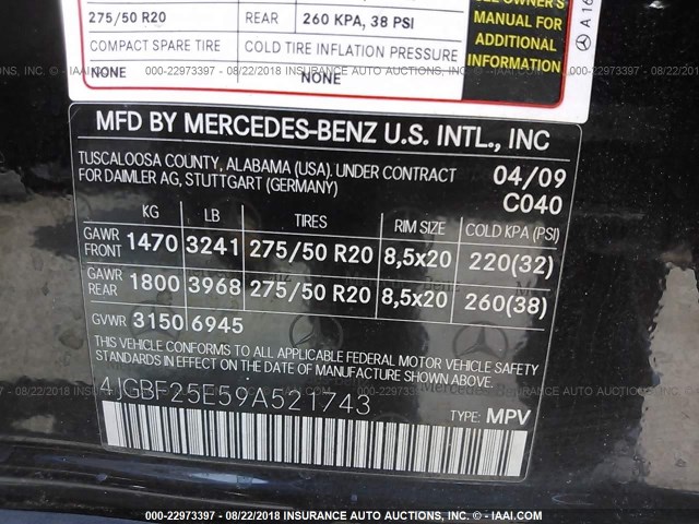 4JGBF25E59A521743 - 2009 MERCEDES-BENZ GL BLACK photo 9