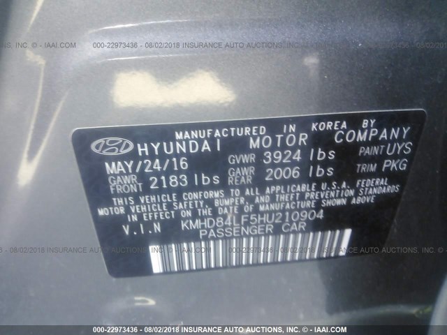 KMHD84LF5HU210904 - 2017 HYUNDAI ELANTRA SE/VALUE/LIMITED GRAY photo 9