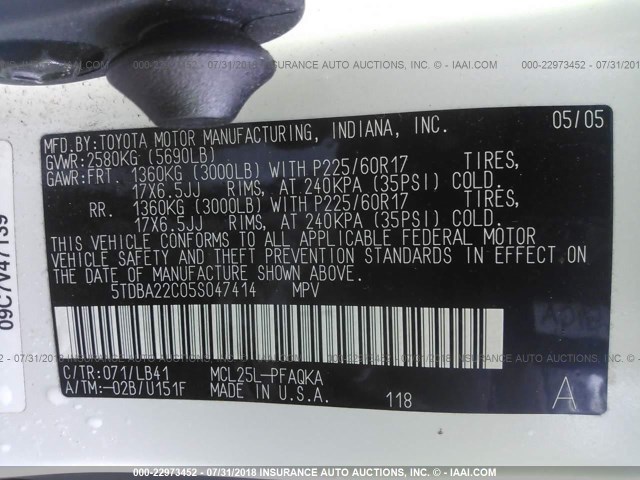 5TDBA22C05S047414 - 2005 TOYOTA SIENNA XLE/XLE LIMITED WHITE photo 9