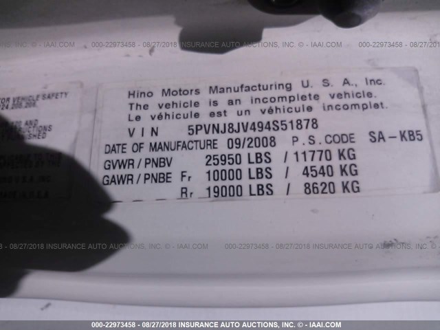 5PVNJ8JV494S51878 - 2009 HINO 258/268 WHITE photo 10