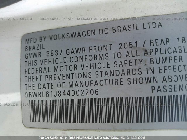 9BWBL61J844002206 - 2004 VOLKSWAGEN GOLF GL WHITE photo 9