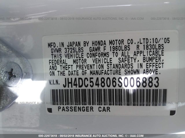 JH4DC54806S006883 - 2006 ACURA RSX WHITE photo 9