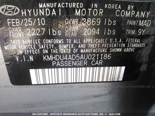 KMHDU4AD5AU021186 - 2010 HYUNDAI ELANTRA BLUE/GLS/SE GRAY photo 9