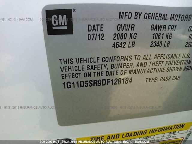 1G11D5SR9DF128184 - 2013 CHEVROLET MALIBU 1LT 白色 照片 9