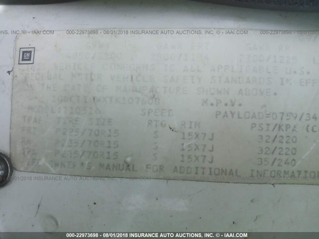 1GNCT18WXTK107608 - 1996 CHEVROLET BLAZER 白色 照片 9