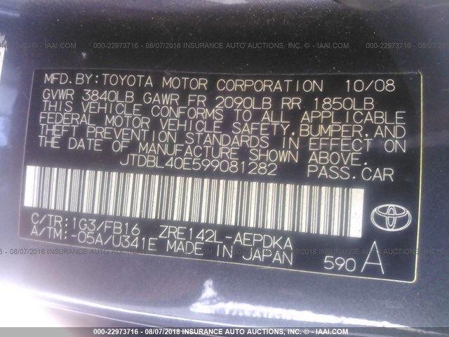 JTDBL40E599081282 - 2009 TOYOTA COROLLA LE/XLE GRAY photo 9