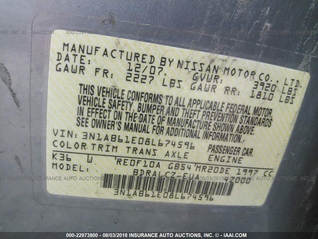 3N1AB61E08L674596 - 2008 NISSAN SENTRA 2.0/2.0S/2.0SL GRAY photo 9