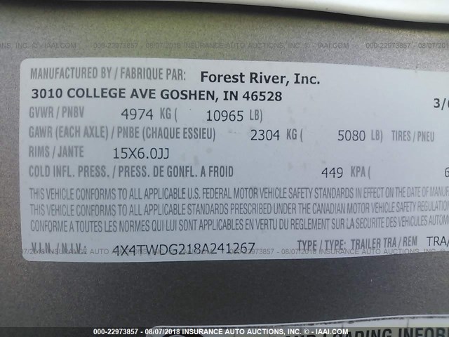 4X4TWDG218A241267 - 2008 FOREST RIVER WILDWOOD  თეთრი ფოტო 9