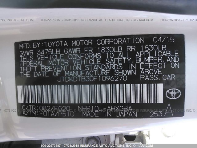 JTDKDTB30F1096270 - 2015 TOYOTA PRIUS C WHITE photo 9