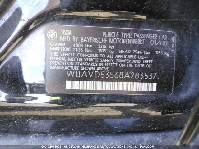 WBAVD53568A283537 - 2008 BMW 335 XI BLACK photo 9