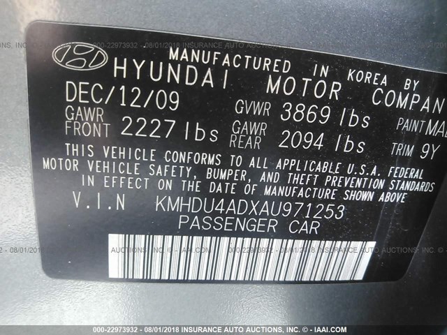 KMHDU4ADXAU971253 - 2010 HYUNDAI ELANTRA BLUE/GLS/SE GRAY photo 9