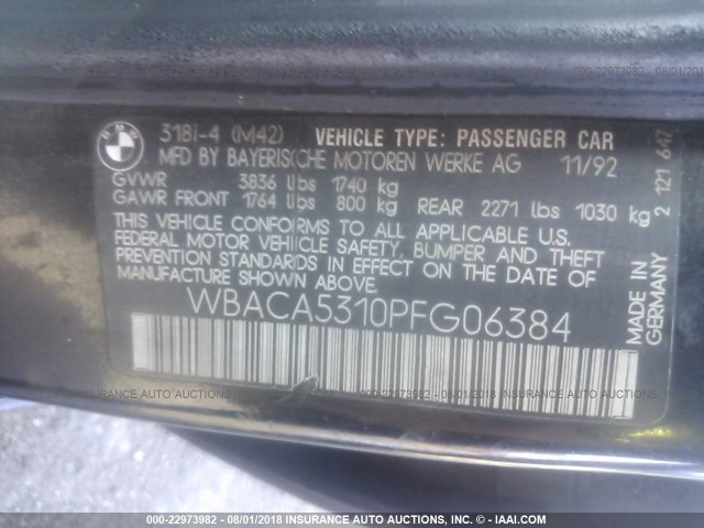 WBACA5310PFG06384 - 1993 BMW 318 I BLACK photo 9