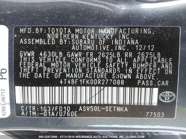 4T4BF1FK0DR277088 - 2013 TOYOTA CAMRY L/SE/LE/XLE GRAY photo 9