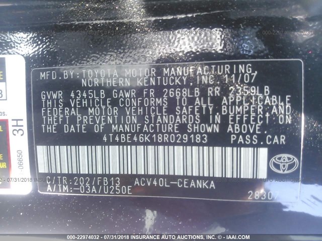 4T4BE46K18R029183 - 2008 TOYOTA CAMRY CE/LE/XLE/SE BLACK photo 9