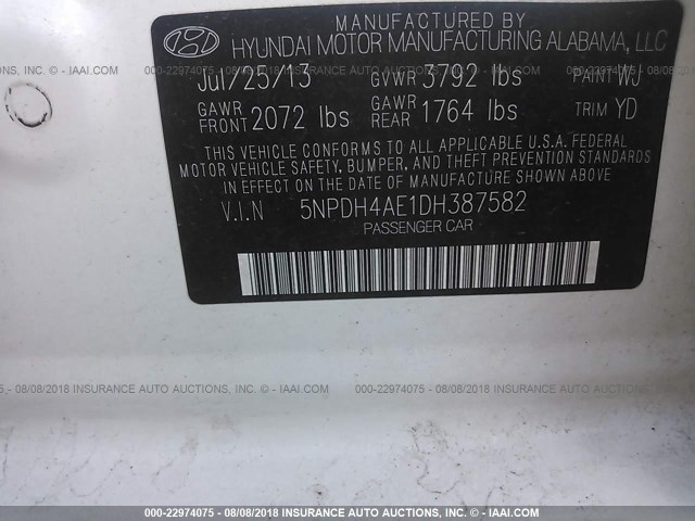 5NPDH4AE1DH387582 - 2013 HYUNDAI ELANTRA GLS/LIMITED WHITE photo 9