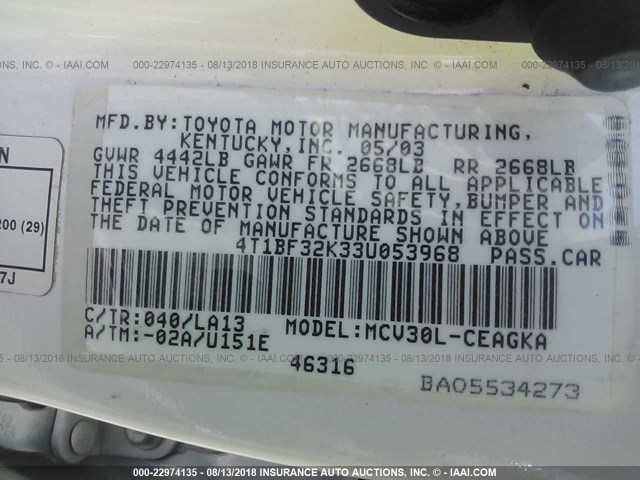 4T1BF32K33U053968 - 2003 TOYOTA CAMRY LE/XLE/SE Ağ foto 9