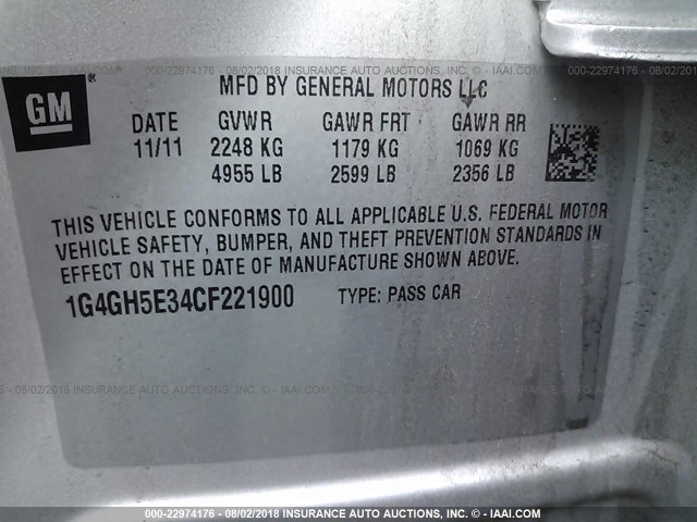 1G4GH5E34CF221900 - 2012 BUICK LACROSSE PREMIUM SILVER photo 9