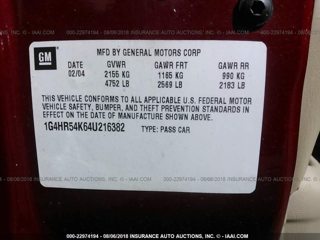 1G4HR54K64U216382 - 2004 BUICK LESABRE LIMITED RED photo 9