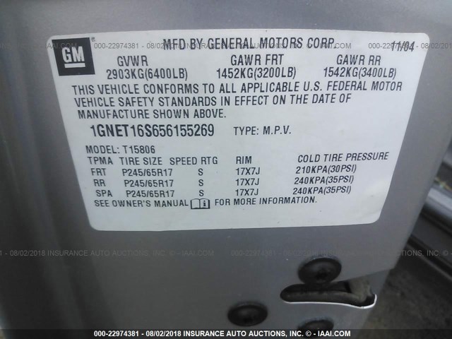 1GNET16S656155269 - 2005 CHEVROLET TRAILBLAZER EXT LS/EXT LT GRAY photo 9