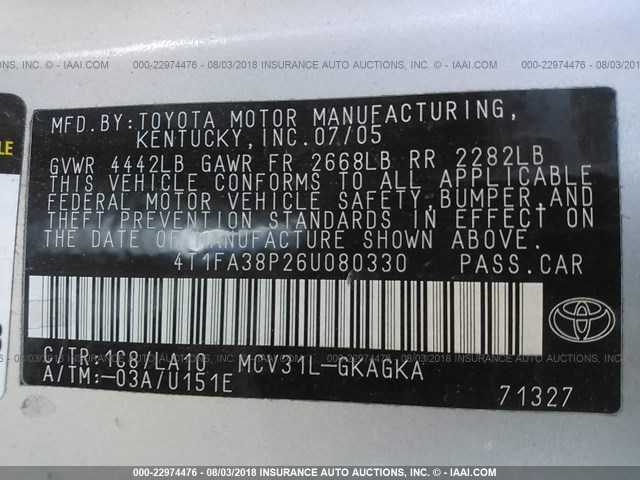 4T1FA38P26U080330 - 2006 TOYOTA CAMRY SOLARA SE/SLE Gümüş foto 9