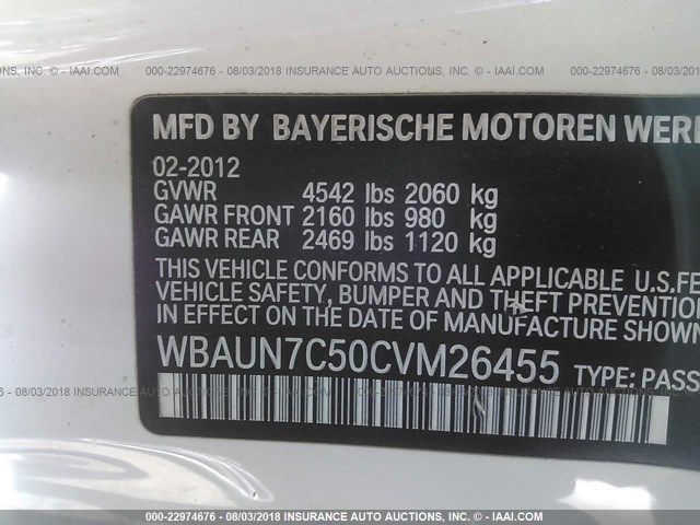 WBAUN7C50CVM26455 - 2012 BMW 135 I WHITE photo 9