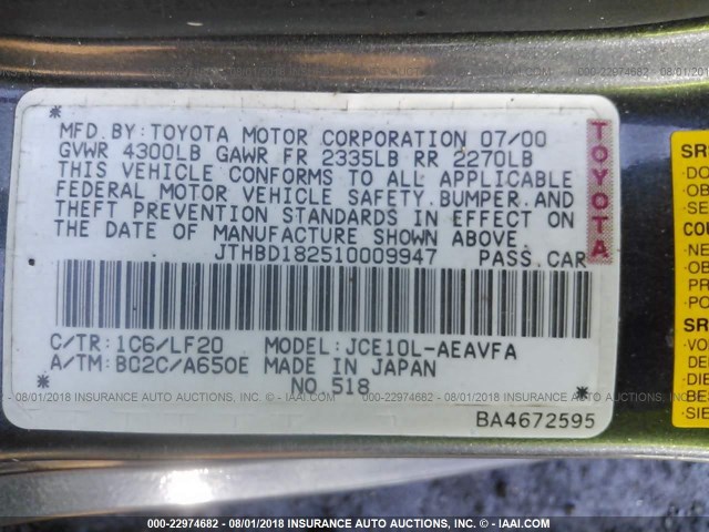 JTHBD182510009947 - 2001 LEXUS IS 300 GRAY photo 9