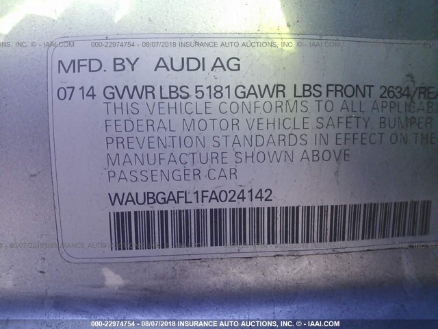 WAUBGAFL1FA024142 - 2015 AUDI S4 PREMIUM PLUS SILVER photo 9