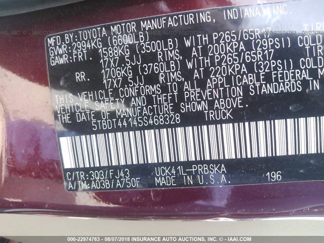 5TBDT44145S468328 - 2005 TOYOTA TUNDRA DOUBLE CAB SR5 RED photo 9