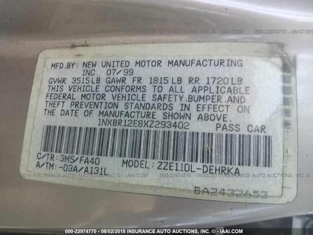 1NXBR12E8XZ293402 - 1999 TOYOTA COROLLA VE/CE/LE 香槟色 照片 9