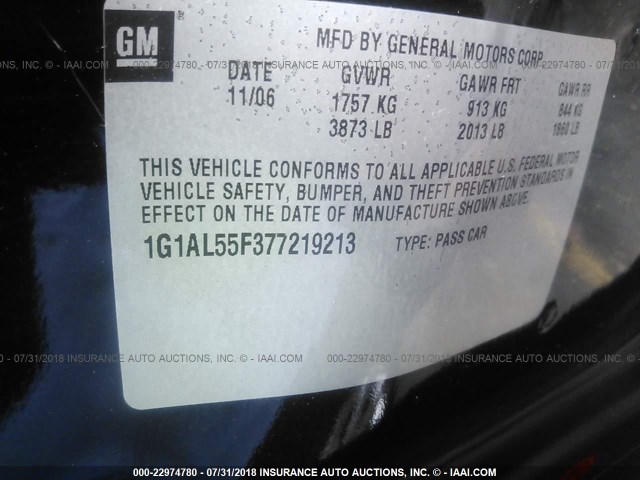 1G1AL55F377219213 - 2007 CHEVROLET COBALT LT BLACK photo 9