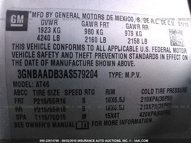 3GNBAADB3AS579204 - 2010 CHEVROLET HHR LS SILVER photo 9