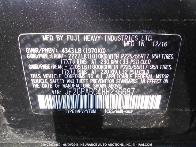 JF2GPABC4HH236687 - 2017 SUBARU CROSSTREK PREMIUM ნაცრისფერი ფოტო 9