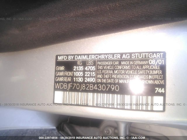 WDBJF70J82B430790 - 2002 MERCEDES-BENZ E 430 SILVER photo 9