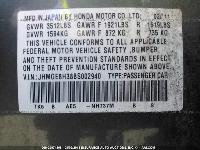 JHMGE8H38BS002940 - 2011 HONDA FIT SILVER photo 9