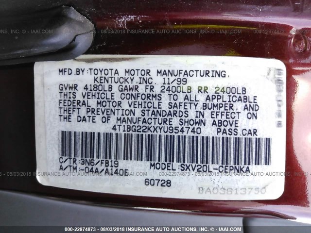 4T1BG22KXYU954740 - 2000 TOYOTA CAMRY CE/LE/XLE RED photo 9