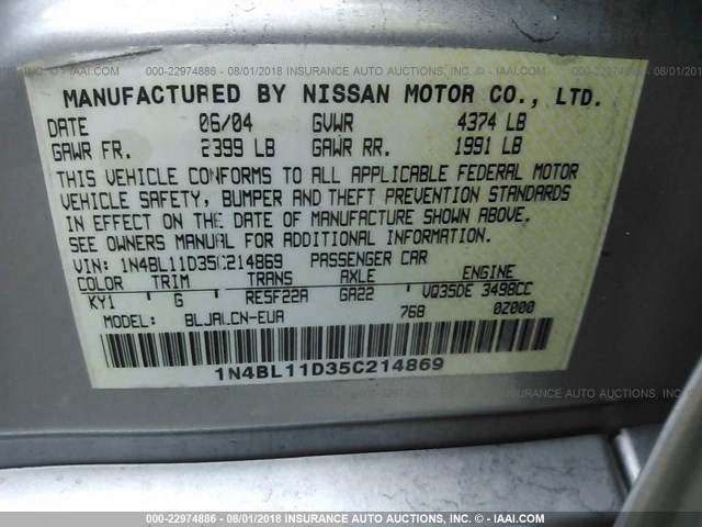 1N4BL11D35C214869 - 2005 NISSAN ALTIMA SE/SL/SE-R SILVER photo 9