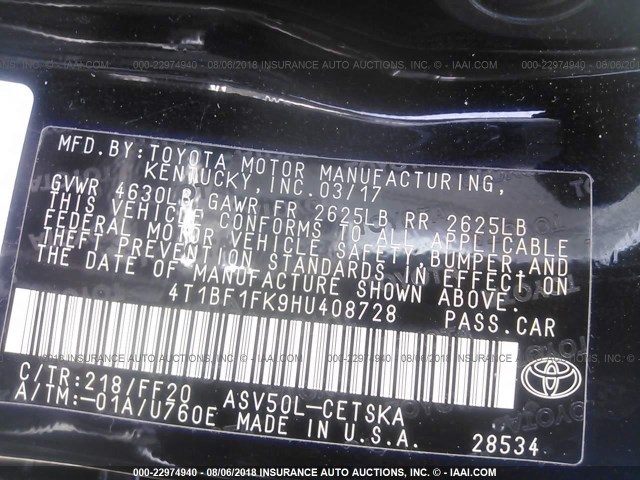 4T1BF1FK9HU408728 - 2017 TOYOTA CAMRY LE/XLE/SE/XSE 黑色 照片 9