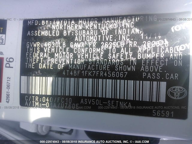 4T4BF1FK7FR456067 - 2015 TOYOTA CAMRY LE/XLE/SE/XSE WHITE photo 9