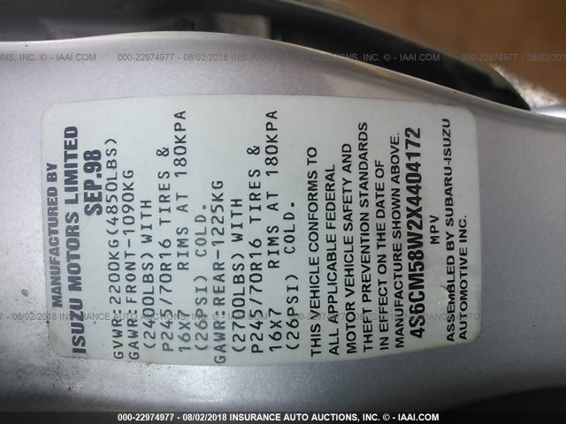 4S6CM58W2X4404172 - 1999 HONDA PASSPORT EX/LX 银色 照片 9