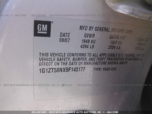 1G1ZT58NX8F143177 - 2008 CHEVROLET MALIBU LT/CLASSIC Silber Foto 9